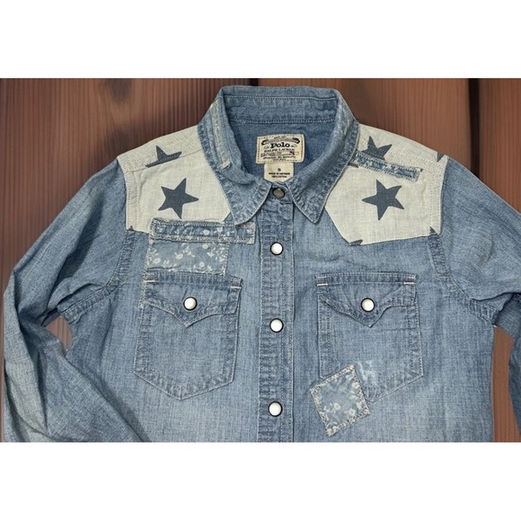 RARE Girls POLO Ralph Lauren Western Patchwork Pearl Snap Shirt Denim Sz Small 7 - Picture 2 of 8